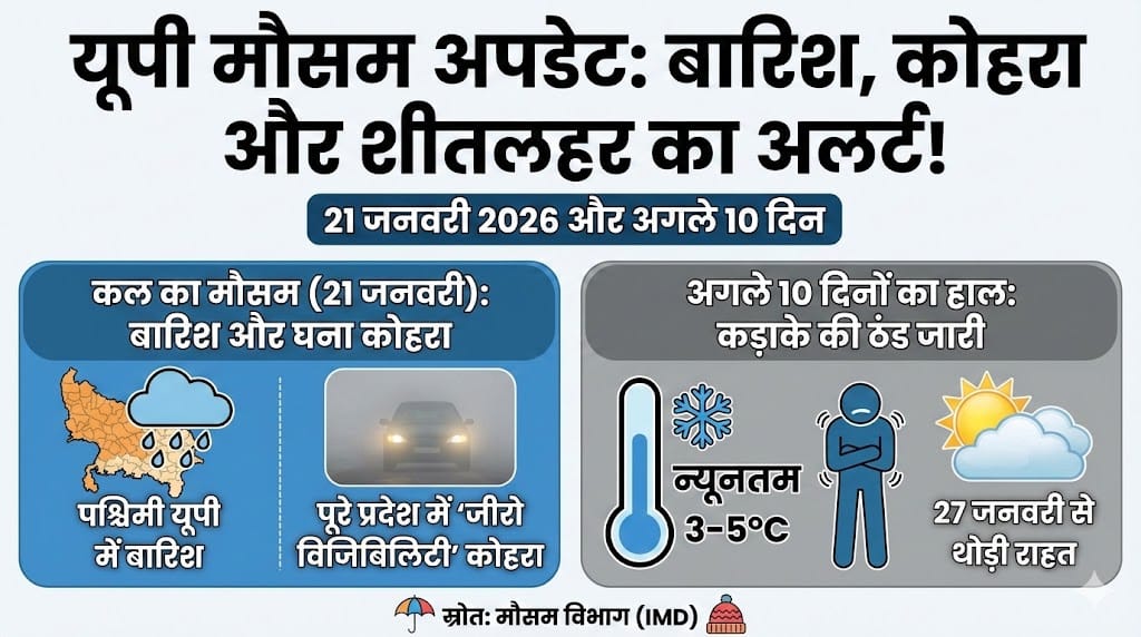 सावधान! यूपी में कल 21 जनवरी 2026 को होगी झमाझम बारिश? मौसम विभाग ने बजाई खतरे की घंटी, अगले 10 दिन पड़ने वाली है ‘हाड़ कंपाने वाली’ ठंड!