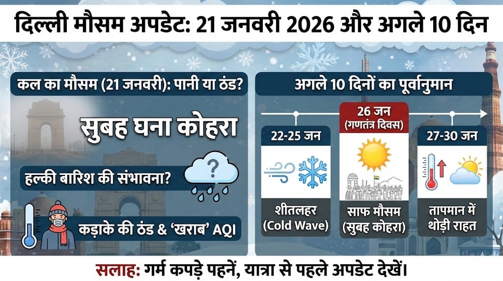 दिल्ली वेदर कल का: 21 जनवरी 2026 को होगी भयंकर बारिश या पड़ेगी कड़ाके की ठंड? अगले 10 दिन का अलर्ट जारी!