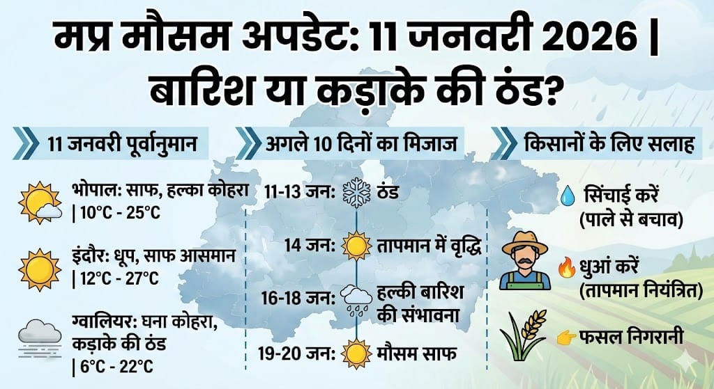 मध्य प्रदेश मौसम अपडेट: 11 जनवरी 2026 को भोपाल, इंदौर में बारिश या कड़ाके की ठंड? 10 दिनों का सटीक अनुमान