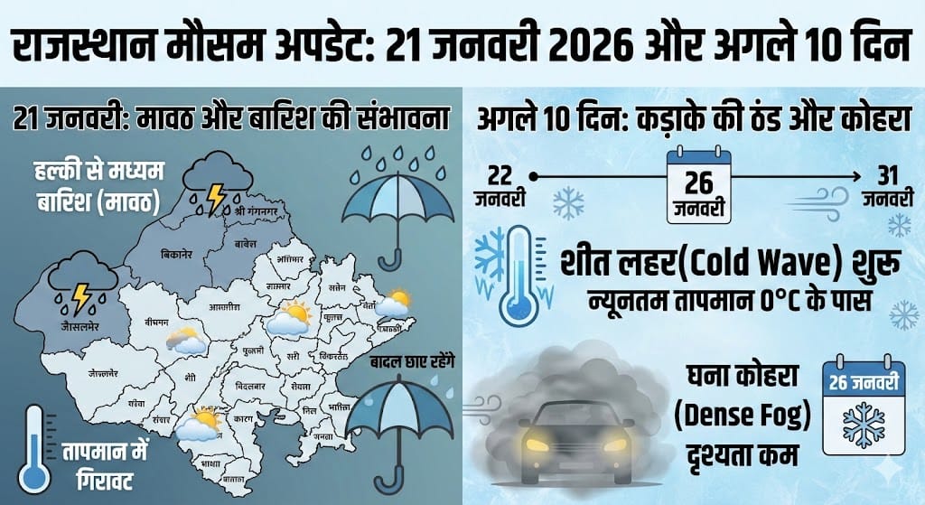 कल का मौसम: क्या 21 जनवरी 2026 को राजस्थान में होगी ‘मावठ’? अगले 10 दिनों का भयानक पूर्वानुमान देखें यहाँ!