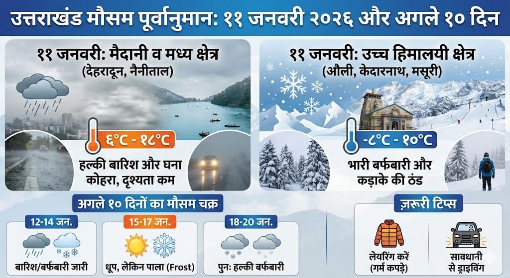 उत्तराखंड का मौसम: 11 जनवरी 2026 को देहरादून, नैनीताल, औली में बर्फबारी या बारिश? देखें 10 दिनों का सटीक अपडेट
