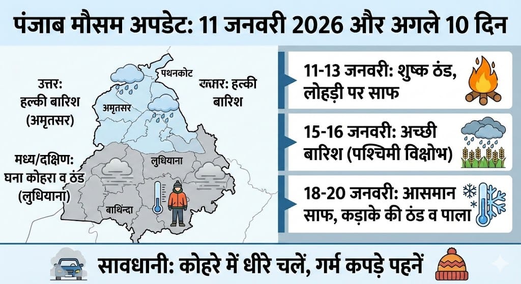 पंजाब में कल का मौसम: 11 जनवरी 2026 को बारिश का अलर्ट? अगले 10 दिन का सटीक रिपोर्ट