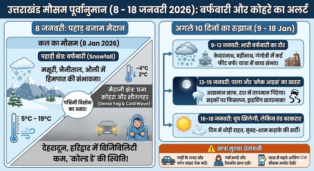 उत्तराखंड मौसम ब्रेकिंग: 8 जनवरी 2026 को क्या पहाड़ों पर होगी बर्फबारी? जानिए अगले 10 दिनों का सबसे सटीक और विस्तृत मौसम पूर्वानुमान