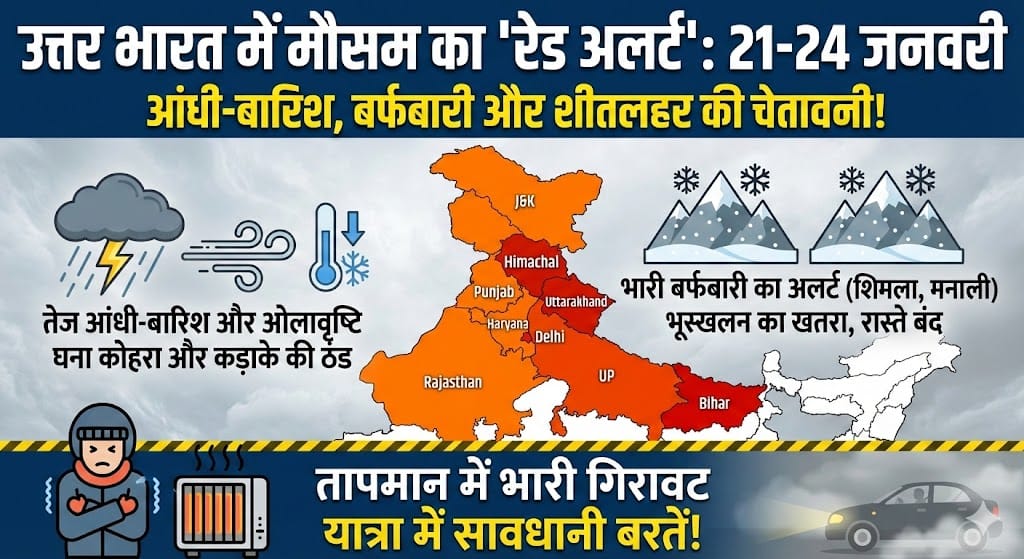 सावधान! 21 जनवरी Weather Update: उत्तर भारत के 10 राज्यों में भयंकर आंधी-तूफान और बारिश का Red Alert, दिल्ली-UP में फिर से कंपकपाने वाली ठंड की वापसी