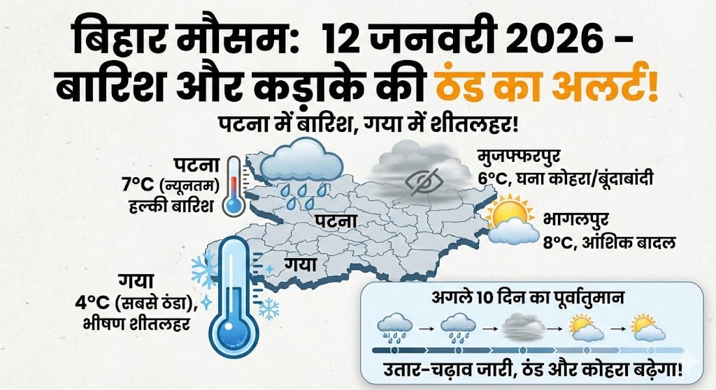 बिहार में कल का मौसम: 12 जनवरी 2026 को बारिश और ठंड का रेड अलर्ट?