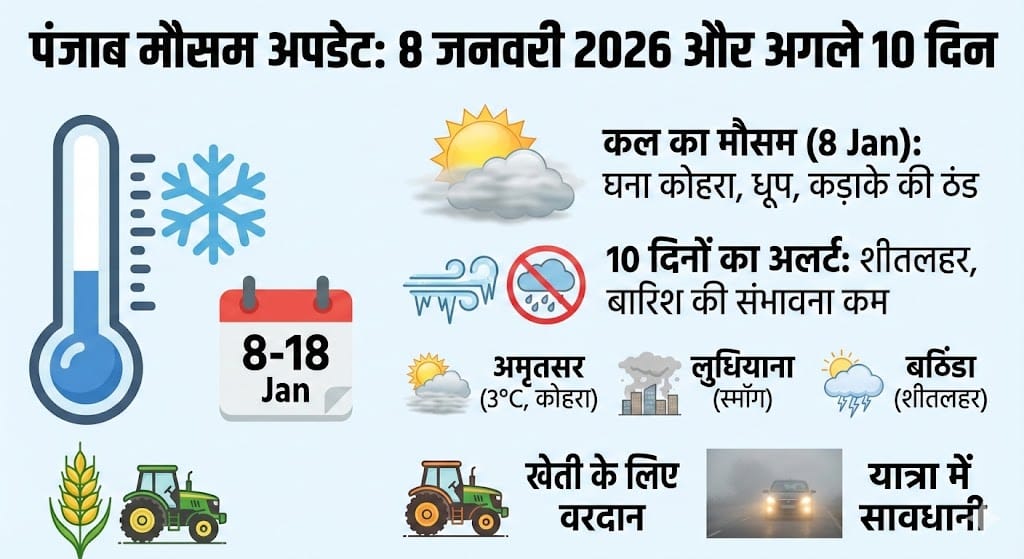 पंजाब में कल का मौसम (8 जनवरी 2026): अगले 10 दिनों तक कड़ाके की ठंड और कोहरे का अलर्ट! देखें अमृतसर, लुधियाना और बठिंडा की रिपोर्ट