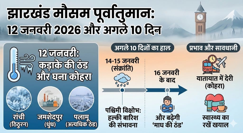 झारखंड में कल 12 जनवरी 2026 को होगी भारी बारिश या सताएगी कड़ाके की ठंड? रांची, धनबाद और जमशेदपुर का देखें पूरा हाल