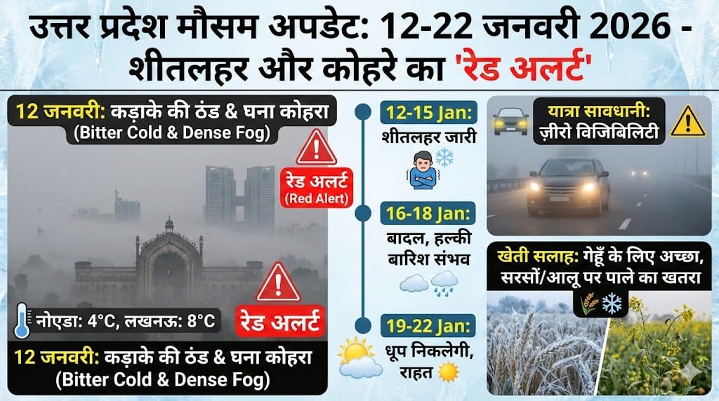 UP Weather 12 January 2026: लखनऊ-नोएडा में कोहरे का ‘Red Alert’, 4°C तक गिरेगा पारा, अगले 10 दिन ऐसा रहेगा मौसम