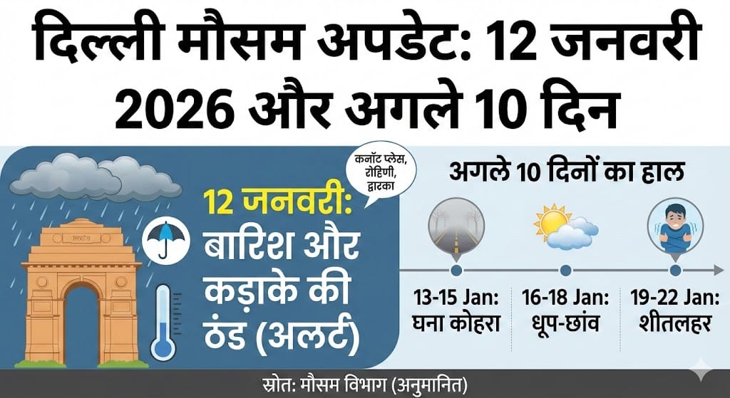 दिल्ली मौसम 12 जनवरी 2026: बारिश का अलर्ट! अगले 10 दिन कैसा रहेगा CP और रोहिणी का मौसम?