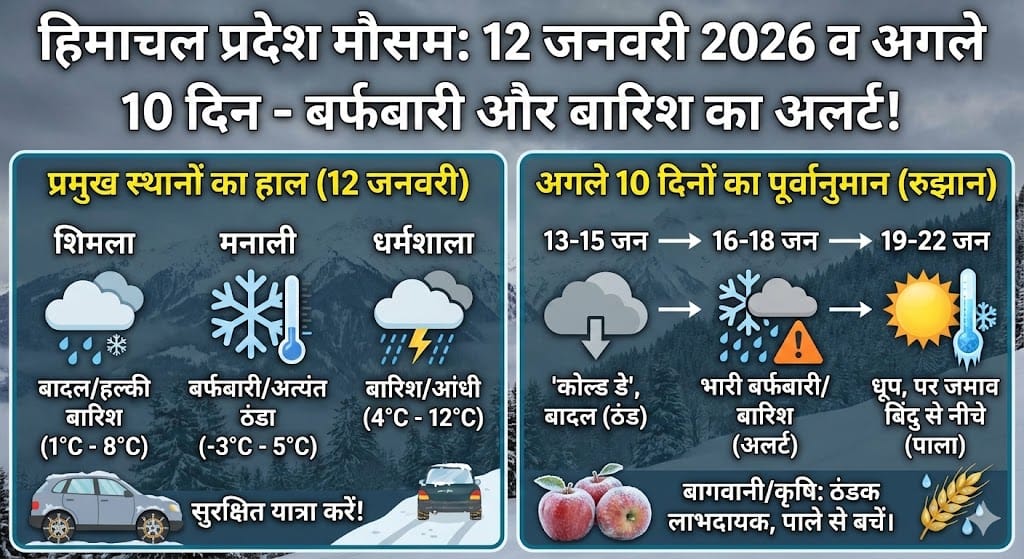 हिमाचल मौसम अलर्ट: 12 जनवरी 2026 को शिमला-मनाली में भारी बर्फबारी? अगले 10 दिन का हाल!