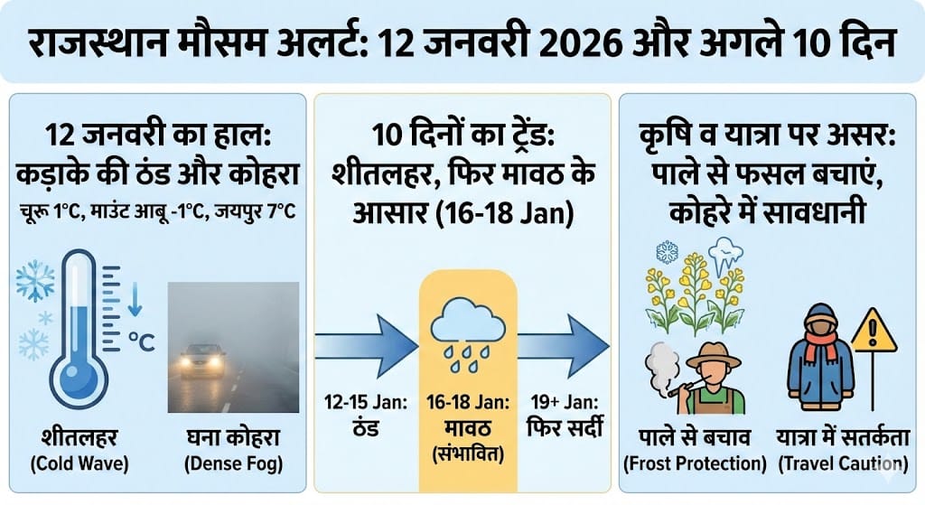 राजस्थान में कल 12 जनवरी 2026 का मौसम: जयपुर, जोधपुर और चूरू में कड़ाके की ठंड या बारिश? जानिए अगले 10 दिनों का सटीक हाल