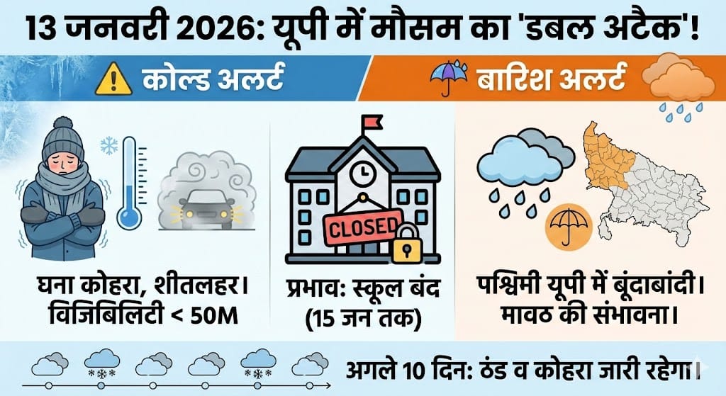UP Weather Alert: 13 जनवरी 2026 को यूपी में ‘कोल्ड अटैक’ और बारिश का डबल अलर्ट! स्कूल बंद, देखें अगले 10 दिन का हाल