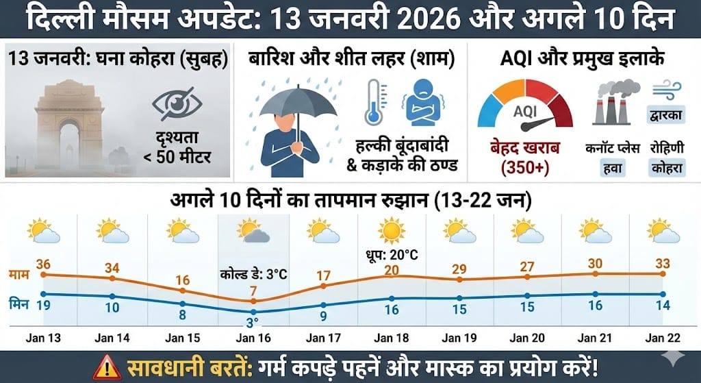 दिल्ली मौसम 13 जनवरी 2026: क्या कल बारिश होगी? अगले 10 दिन का Weather Forecast और शीत लहर अलर्ट