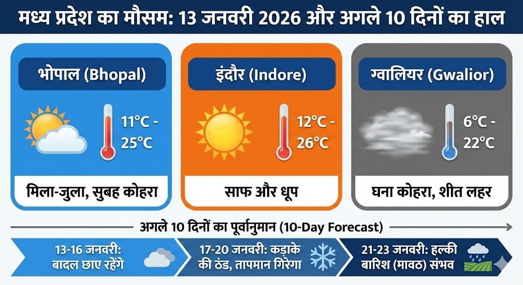 मध्य प्रदेश मौसम: 13 जनवरी 2026 को भोपाल, इंदौर, ग्वालियर में बारिश या कड़ाके की ठंड? जानिए अगले 10 दिनों का सटीक हाल!