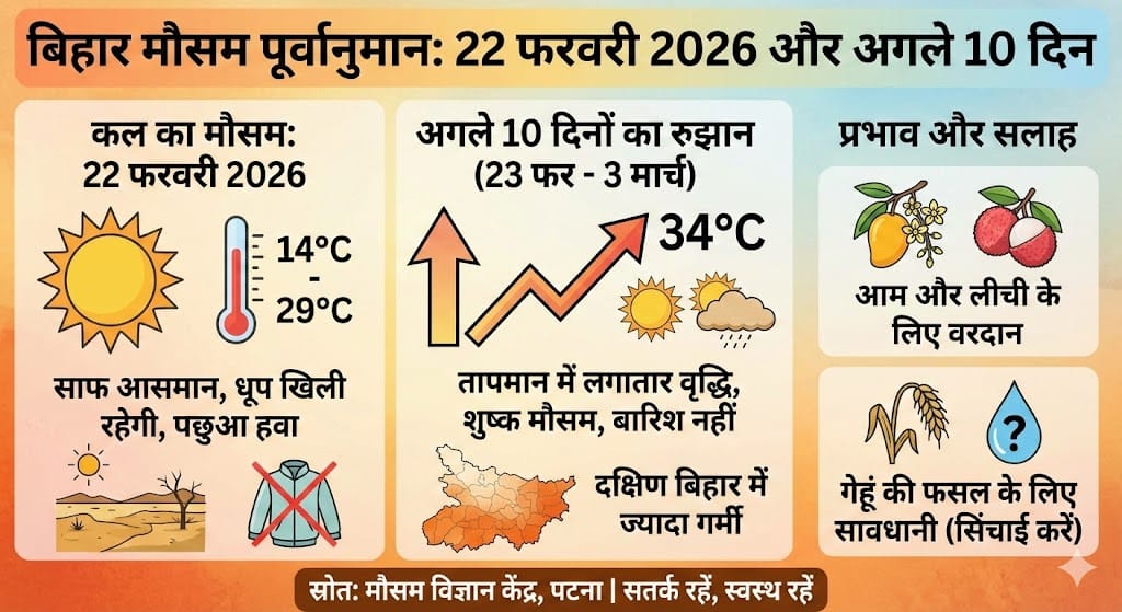 बिहार में कल का मौसम 22 फरवरी 2026 और अगले 10 दिनों का अलर्ट: क्या समय से पहले झुलसाने लगेगी गर्मी?