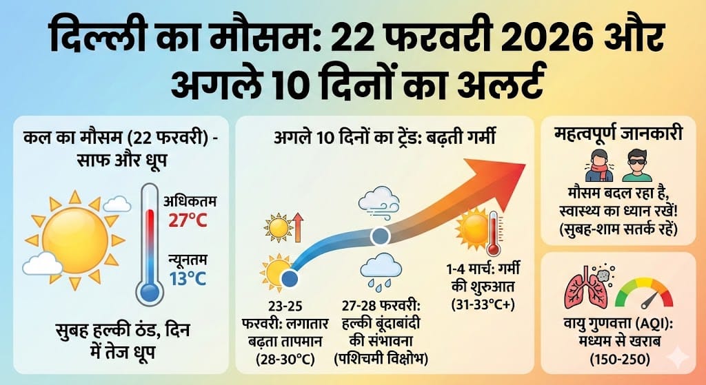 दिल्ली में कल का मौसम (22 फरवरी 2026) और अगले 10 दिनों का सटीक पूर्वानुमान, जानिए क्या है मौसम विभाग का अलर्ट
