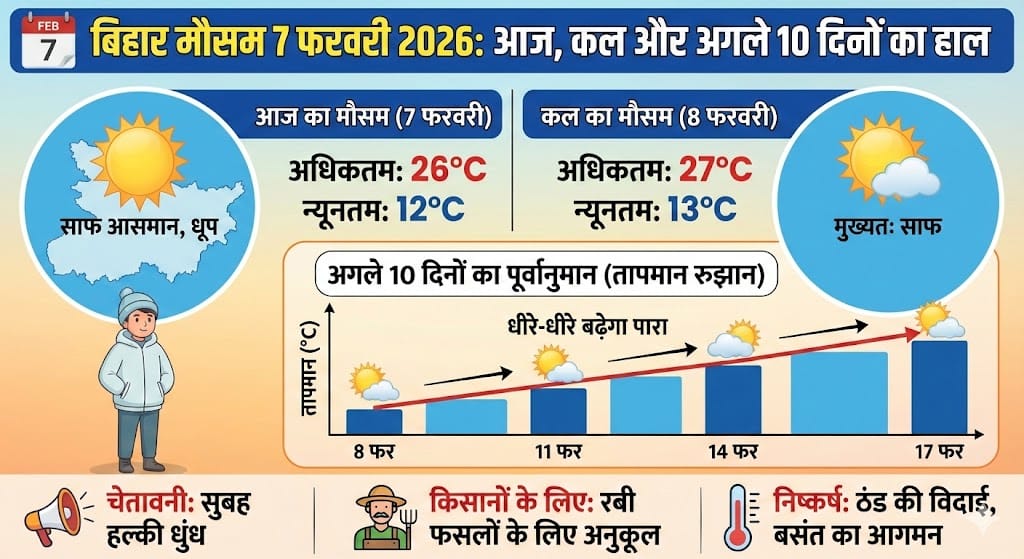 बिहार मौसम अपडेट: 7 फरवरी 2026 को कैसा रहेगा मौसम और अगले 10 दिनों का सटीक पूर्वानुमान? जानिए पूरी जानकारी