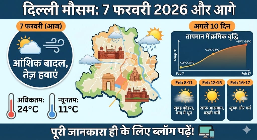 दिल्ली में आज और कल का मौसम: 7 फरवरी 2026 और अगले 10 दिनों का सटीक पूर्वानुमान
