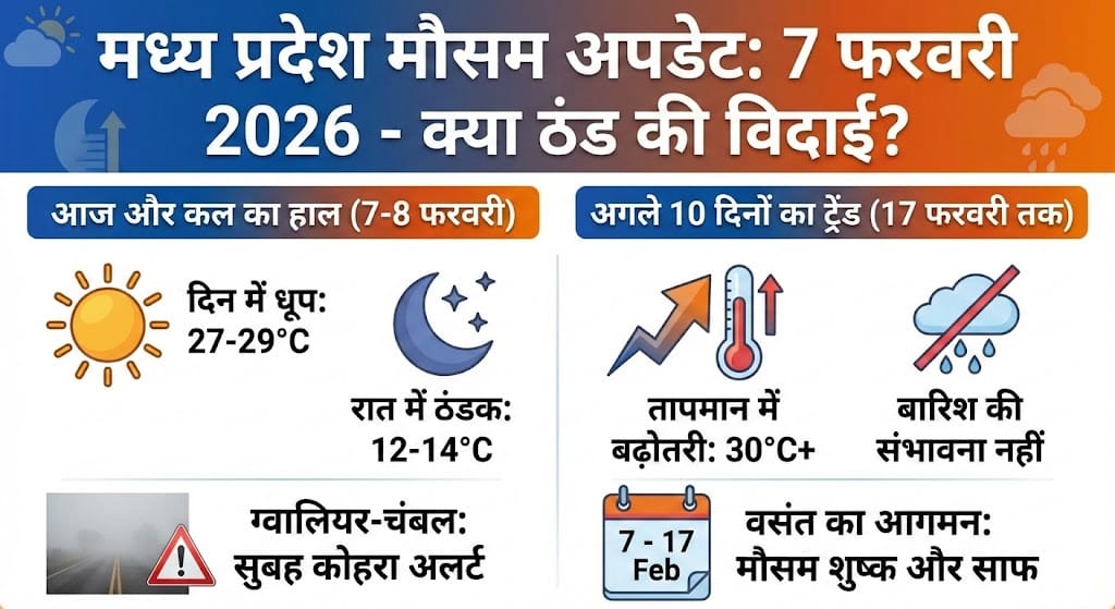 MP Weather Update 7 February 2026: मध्य प्रदेश में ठंड की विदाई या लौटेगी सर्दी? जानिए आज, कल और अगले 10 दिनों का सटीक मौसम पूर्वानुमान!