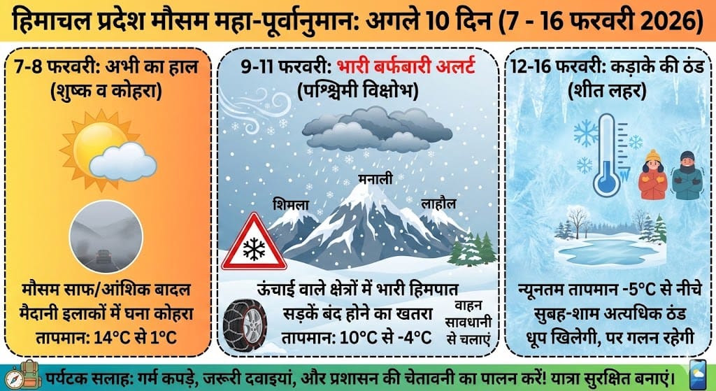 हिमाचल प्रदेश मौसम अपडेट: 7 फरवरी 2026 को कैसा रहेगा हाल? अगले 10 दिनों में भारी बर्फबारी की चेतावनी!