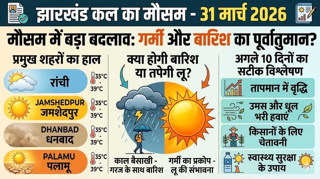 झारखंड में कल का मौसम 31 मार्च 2026 को लेगा करवट: रांची-जमशेदपुर समेत इन 5 जिलों में बारिश और ओलावृष्टि का बड़ा अलर्ट?