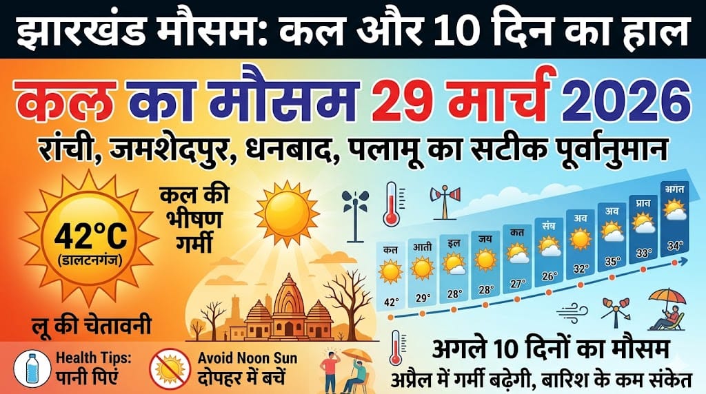 कल का मौसम 29 मार्च 2026: क्या कल झारखंड में होगी झमाझम बारिश या झुलसाएगी गर्मी? घर से निकलने से पहले पढ़ लें यह 10 दिनों का सटीक पूर्वानुमान!