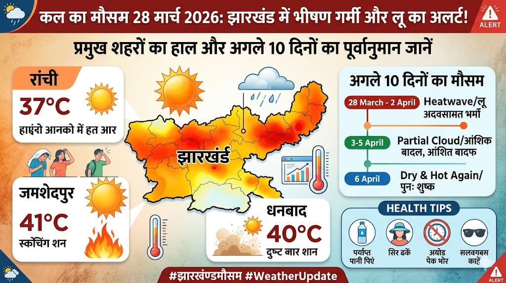 सावधान! कल का मौसम 28 मार्च 2026 बदल देगा झारखंड की तस्वीर, क्या फिर होगी अचानक बारिश? मौसम विभाग की बड़ी चेतावनी जारी