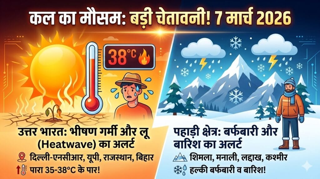 कल का मौसम 7 मार्च 2026: उत्तर भारत में गर्मी का तांडव, दिल्ली-UP में पारा 35 पार, जानें आपके शहर में बारिश होगी या चलेगी लू?