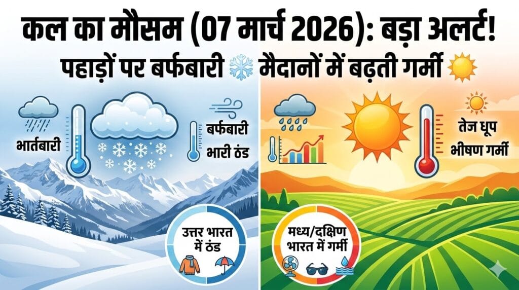 कल का मौसम 07 मार्च 2026: अचानक बदलेगा मिजाज! पहाड़ों पर बर्फबारी और मैदानों में भीषण गर्मी का अलर्ट, देखें अपने शहर की रिपोर्ट