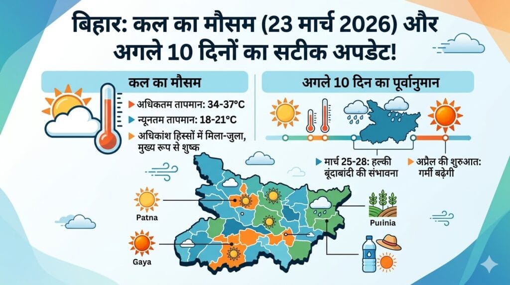 बिहार में कल का मौसम 23 मार्च 2026: क्या बदलेगा मौसम का मिजाज? अगले 10 दिनों की सटीक भविष्यवाणी देखें!