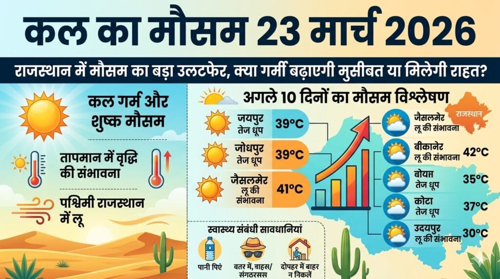 कल का मौसम 23 मार्च 2026: राजस्थान में मौसम का बड़ा उलटफेर, क्या गर्मी बढ़ाएगी मुसीबत या मिलेगी राहत?