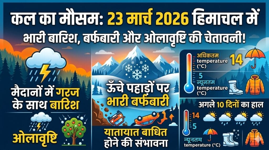 कल का मौसम 23 मार्च 2026: हिमाचल में भारी बारिश और बर्फबारी का अलर्ट, जानें अगले 10 दिनों के मौसम का पूरा हाल