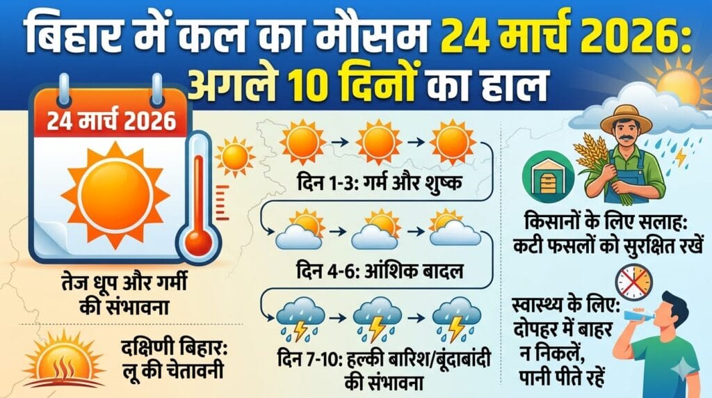 बिहार कल का मौसम 24 मार्च 2026: पटना, गया में भीषण गर्मी और लू की चेतावनी, जानें 10 दिनों का हाल