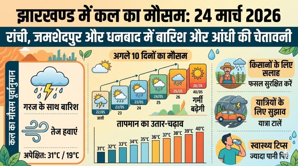 झारखंड कल का मौसम 24 मार्च 2026: रांची, जमशेदपुर में बारिश की चेतावनी | अगले 10 दिनों का मौसम समाचार