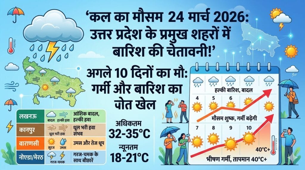 कल का मौसम 24 मार्च 2026: यूपी के इन शहरों में बारिश का अलर्ट, जानें अगले 10 दिनों का सटीक पूर्वानुमान