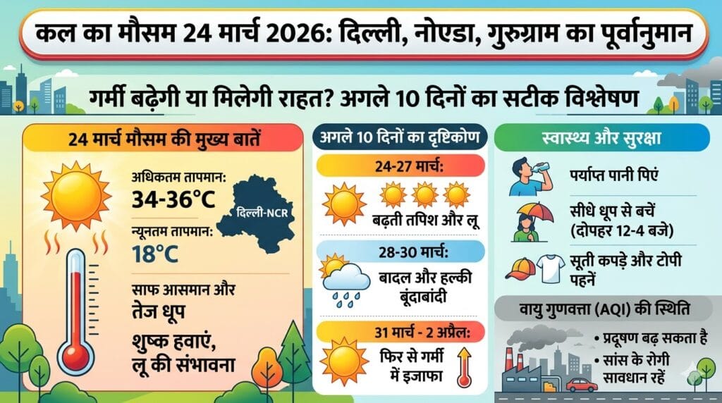 कल का मौसम 24 मार्च 2026: दिल्ली, नोएडा और गुरुग्राम में झुलसाएगी गर्मी या मिलेगी राहत? जानें अगले 10 दिनों का सटीक पूर्वानुमान