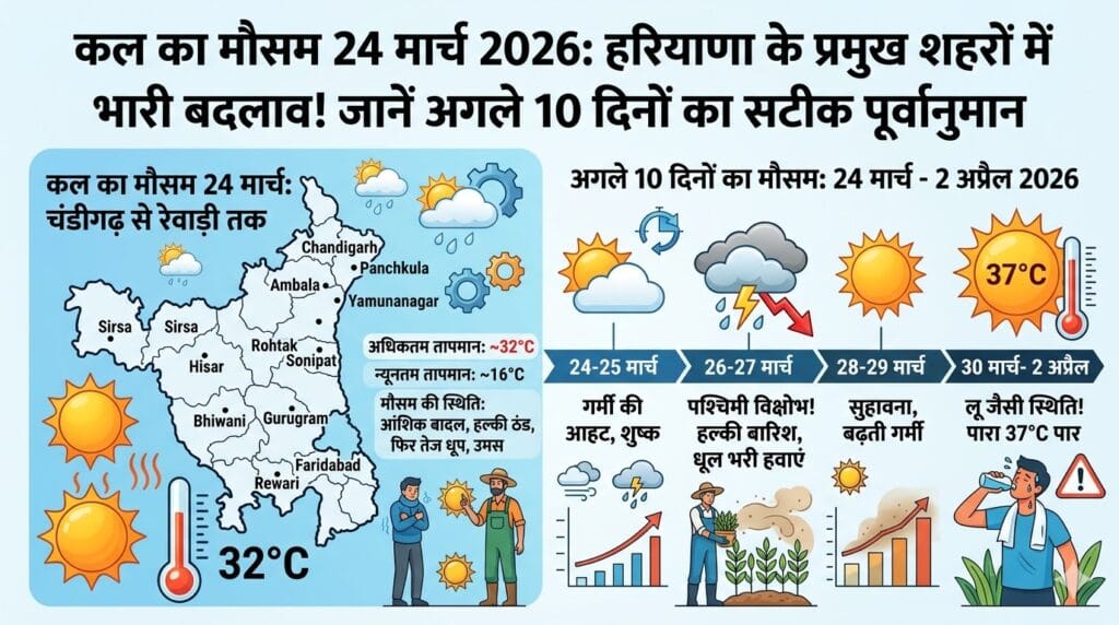 कल का मौसम 24 मार्च 2026: हरियाणा के रोहतक, हिसार और गुरुग्राम में भारी बदलाव, जानें अगले 10 दिनों का सटीक पूर्वानुमान