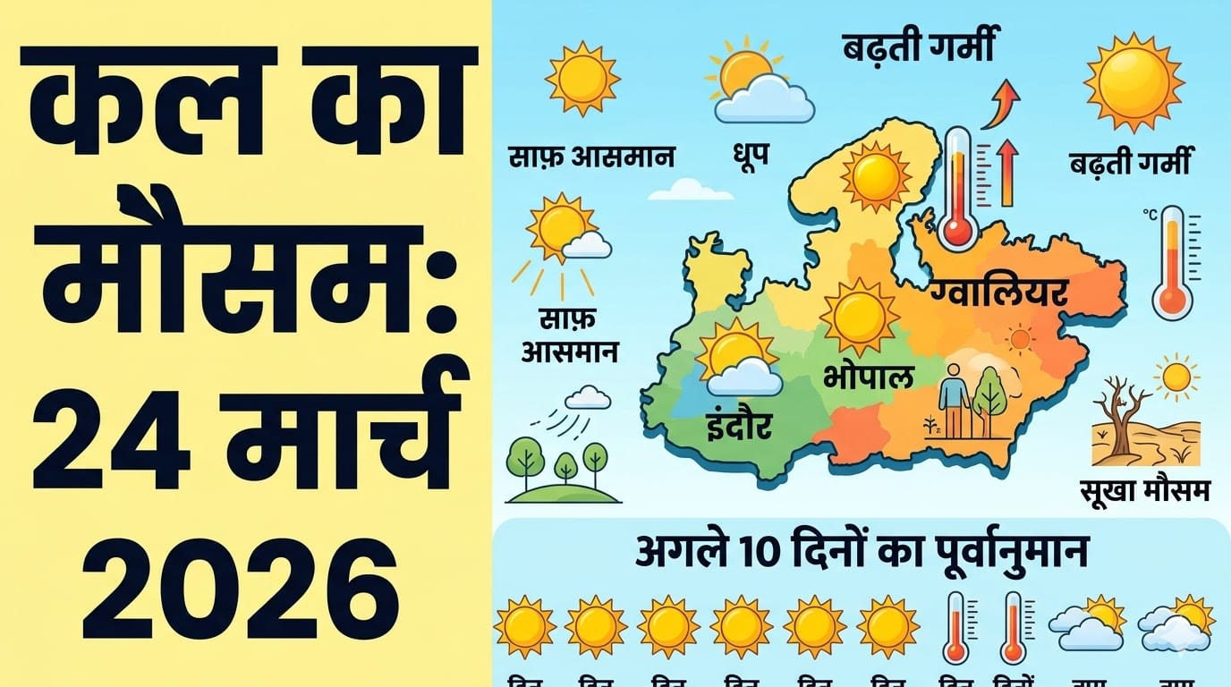 कल का मौसम 24 मार्च 2026: मध्य प्रदेश के भोपाल, इंदौर और ग्वालियर समेत इन जिलों में बदलेगा मिजाज, जानें अगले 10 दिनों का सटीक पूर्वानुमान