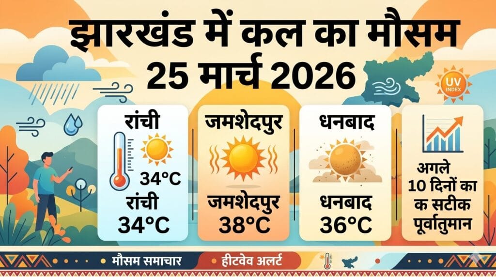 झारखंड कल का मौसम 25 मार्च 2026: रांची, जमशेदपुर, धनबाद में भीषण गर्मी और अगले 10 दिनों का सटीक पूर्वानुमान