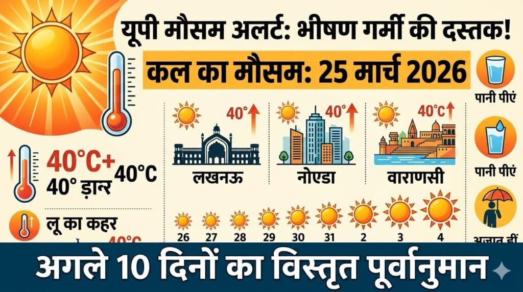 कल का मौसम 25 मार्च 2026: UP में गर्मी का तांडव! लखनऊ, नोएडा, वाराणसी में पारा हाई, जानें 10 दिनों का हाल