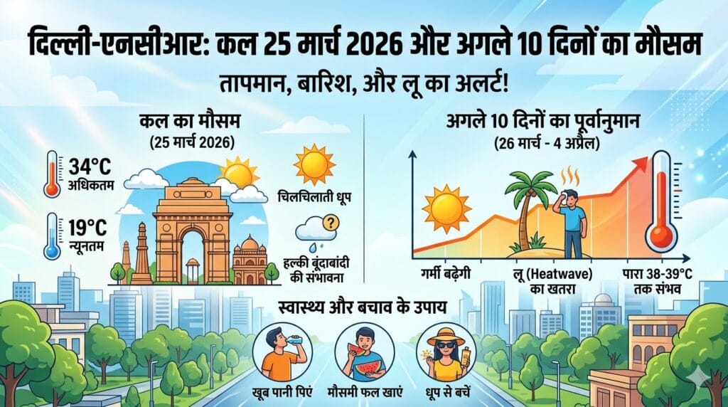 दिल्ली में कल का मौसम 25 मार्च 2026: भारी गर्मी या बारिश का अलर्ट? जानें नोएडा-गुरुग्राम समेत 10 दिनों का Weather Forecast