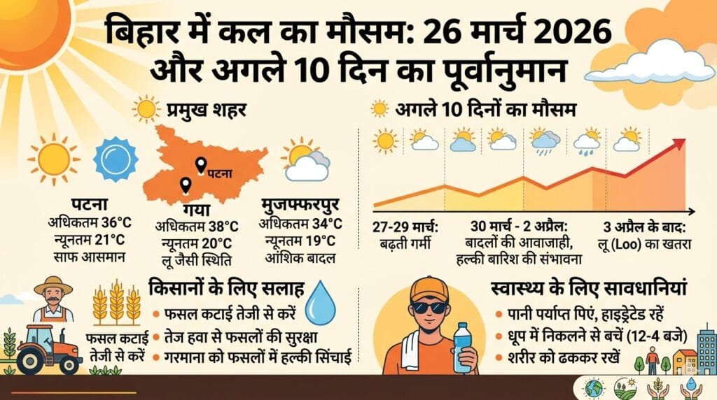 बिहार में कल का मौसम 26 मार्च 2026: पटना, गया, भागलपुर में भीषण गर्मी की चेतावनी, जानें 10 दिनों का वेदर अपडेट