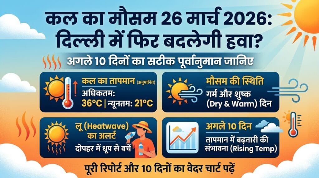 कल का मौसम 26 मार्च 2026: क्या फिर लौटने वाली है ठंड? अगले 10 दिनों के मौसम का चौंकाने वाला पूर्वानुमान यहाँ देखें!