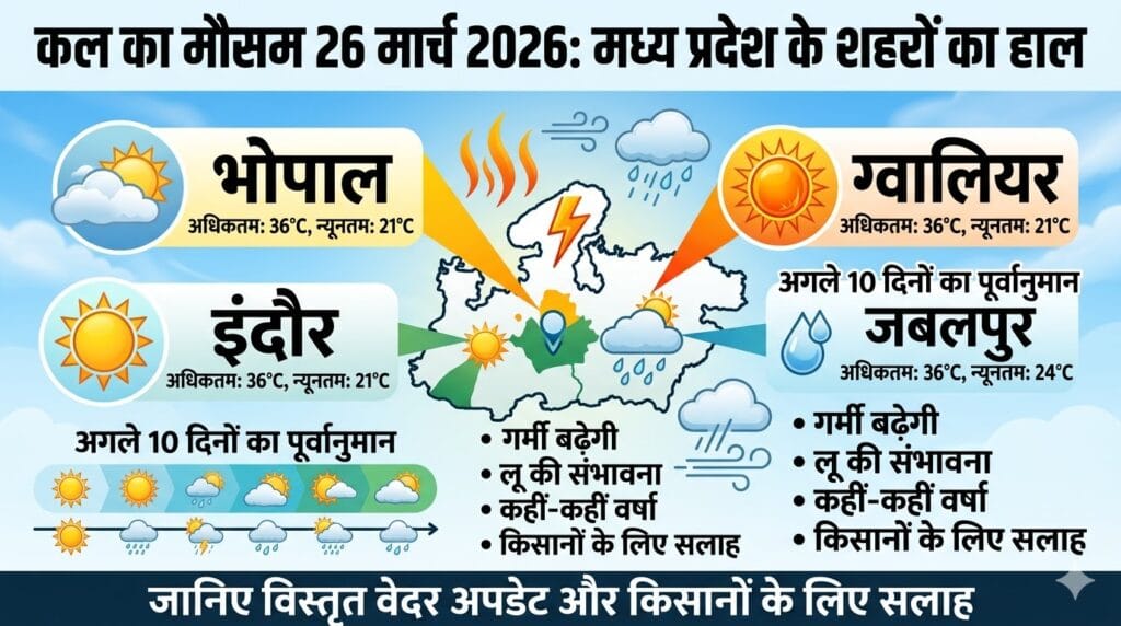कल का मौसम 26 मार्च 2026: मध्य प्रदेश में अचानक बदलेगा मिजाज! भोपाल, इंदौर और ग्वालियर के लिए मौसम विभाग की बड़ी चेतावनी जारी