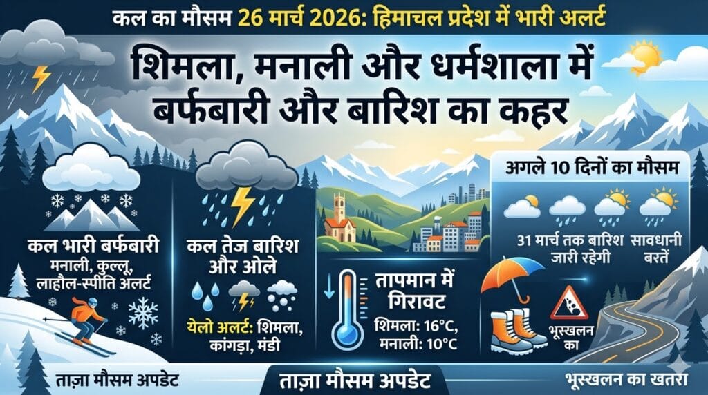 कल का मौसम 26 मार्च 2026: हिमाचल के शिमला, मनाली और धर्मशाला में बर्फबारी और बारिश का अलर्ट, देखें 10 दिनों की रिपोर्ट