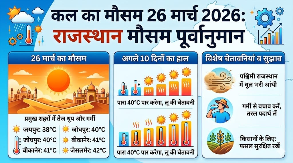 कल का मौसम 26 मार्च 2026: जयपुर से जैसलमेर तक बदल गया सब कुछ, क्या आपके शहर में होने वाली है बारिश? देखें अगले 10 दिनों की लिस्ट!