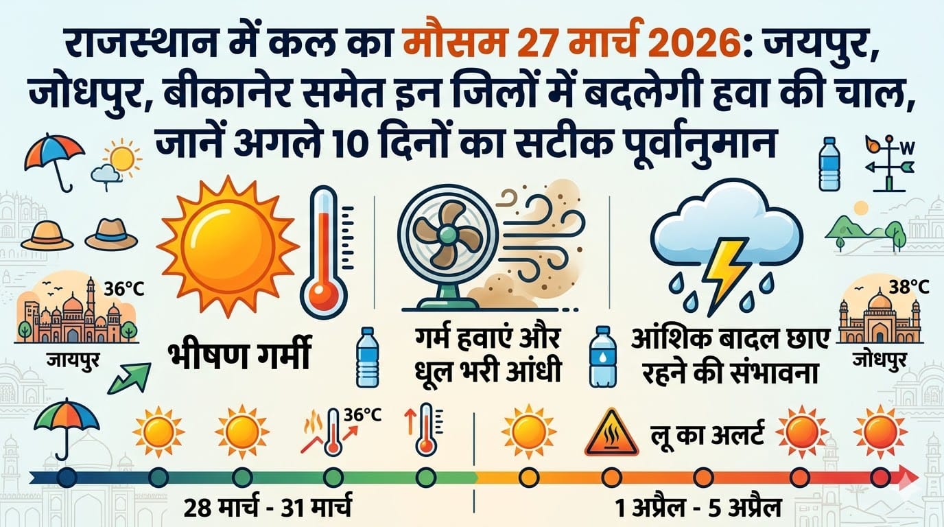 राजस्थान वालों के लिए बड़ी खबर: कल का मौसम 27 मार्च 2026 और अगले 10 दिनों का पूरा कच्चा चिट्ठा लीक, घर से निकलने से पहले देख लें ये रिपोर्ट!