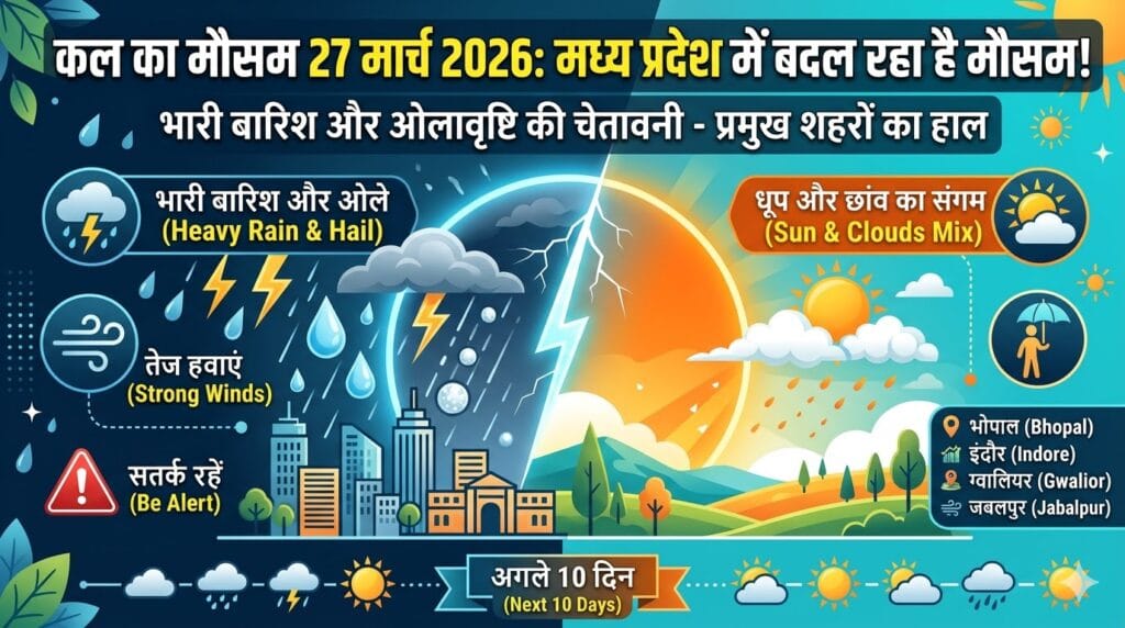 MP Weather Update: कल का मौसम 27 मार्च 2026 को लेकर आई बड़ी चेतावनी, क्या आपके शहर में भी होगी ओलावृष्टि? देखें मौसम विभाग की पूरी लिस्ट