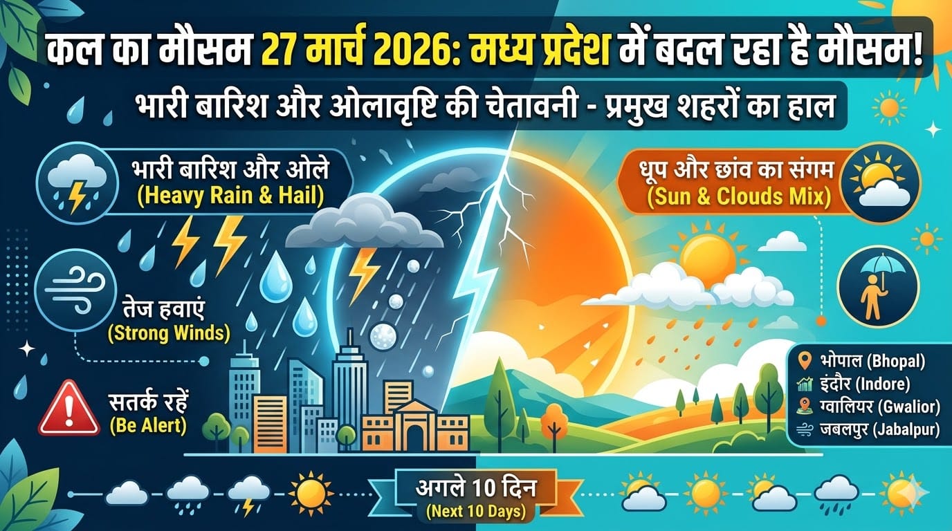 MP Weather Update: कल का मौसम 27 मार्च 2026 को लेकर आई बड़ी चेतावनी, क्या आपके शहर में भी होगी ओलावृष्टि? देखें मौसम विभाग की पूरी लिस्ट