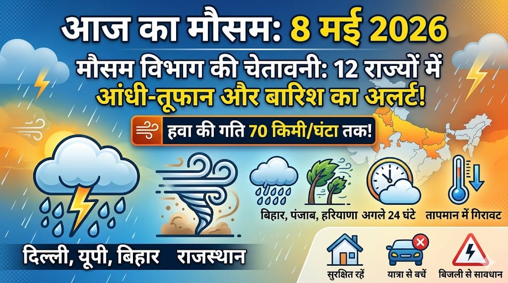 Today Weather 8 May 2026: 12 राज्यों में भीषण आंधी और बारिश का रेड अलर्ट, 70km की रफ्तार से चलेगा तूफान!